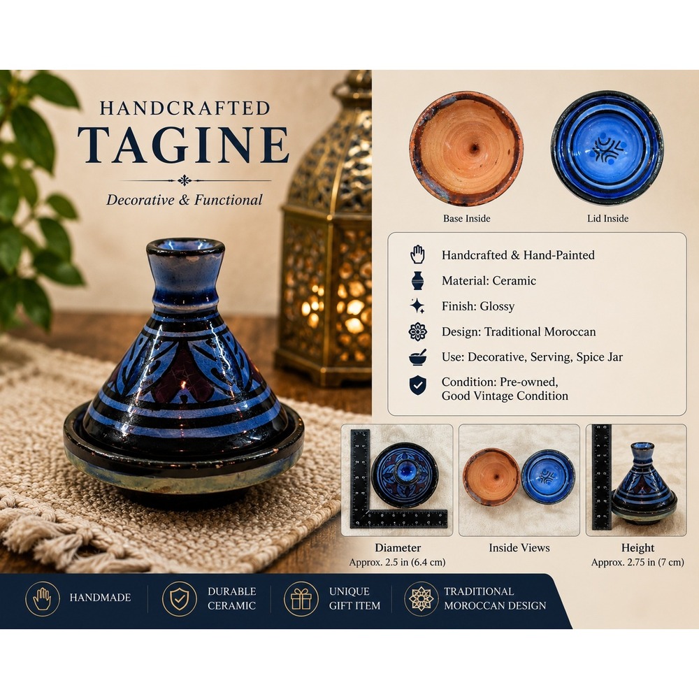 Handcrafted Moroccan Ceramic Tagine‎ Mini Spice Jar Decorative Blue Black 2.75"